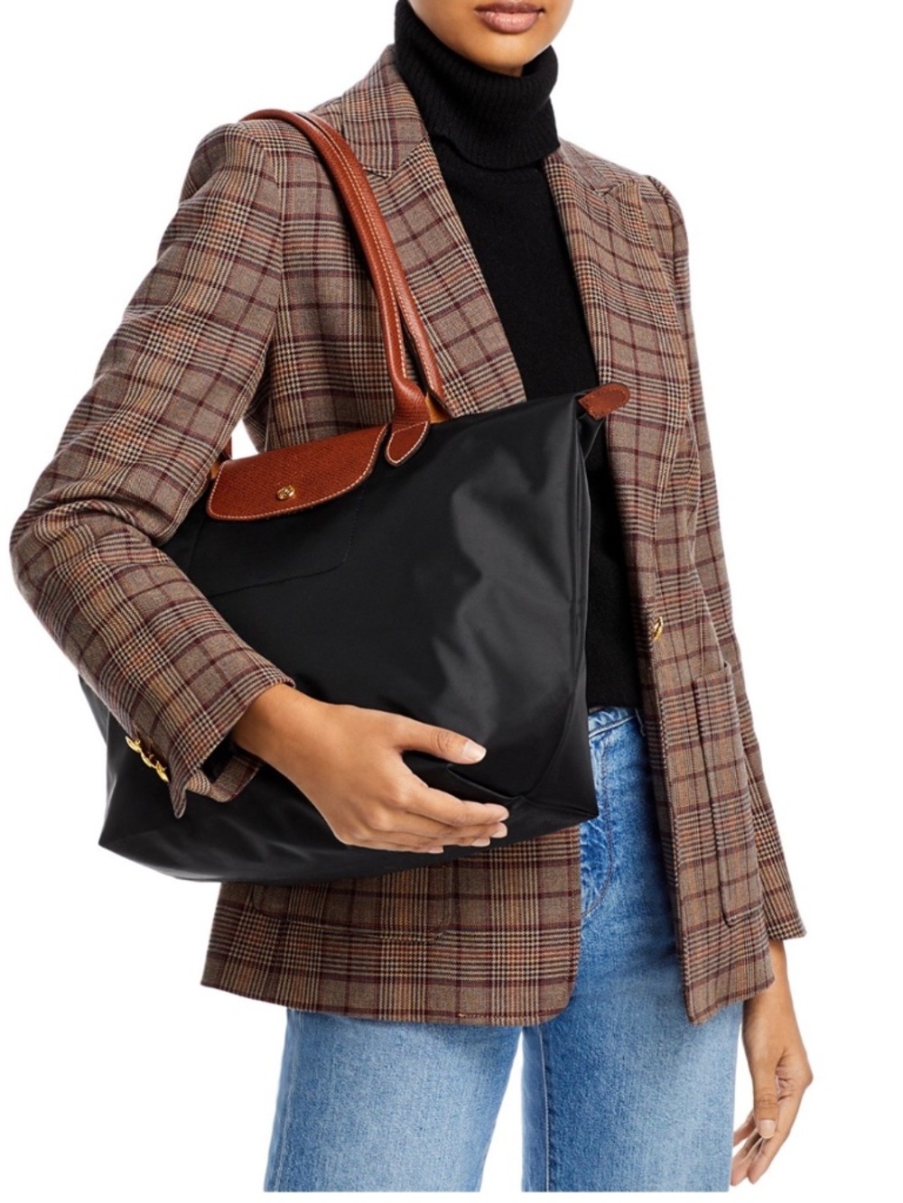 Longchamp Le Pliage Original Large Tote, black with brown leather - Picture 8 of 8